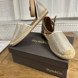 Brand new and never worn beige cream canvas with a subtle sparkle. High quality